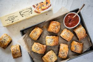 Beef and Caramelised Onion Sausage Rolls made with Carême All Butter Puff Pastry